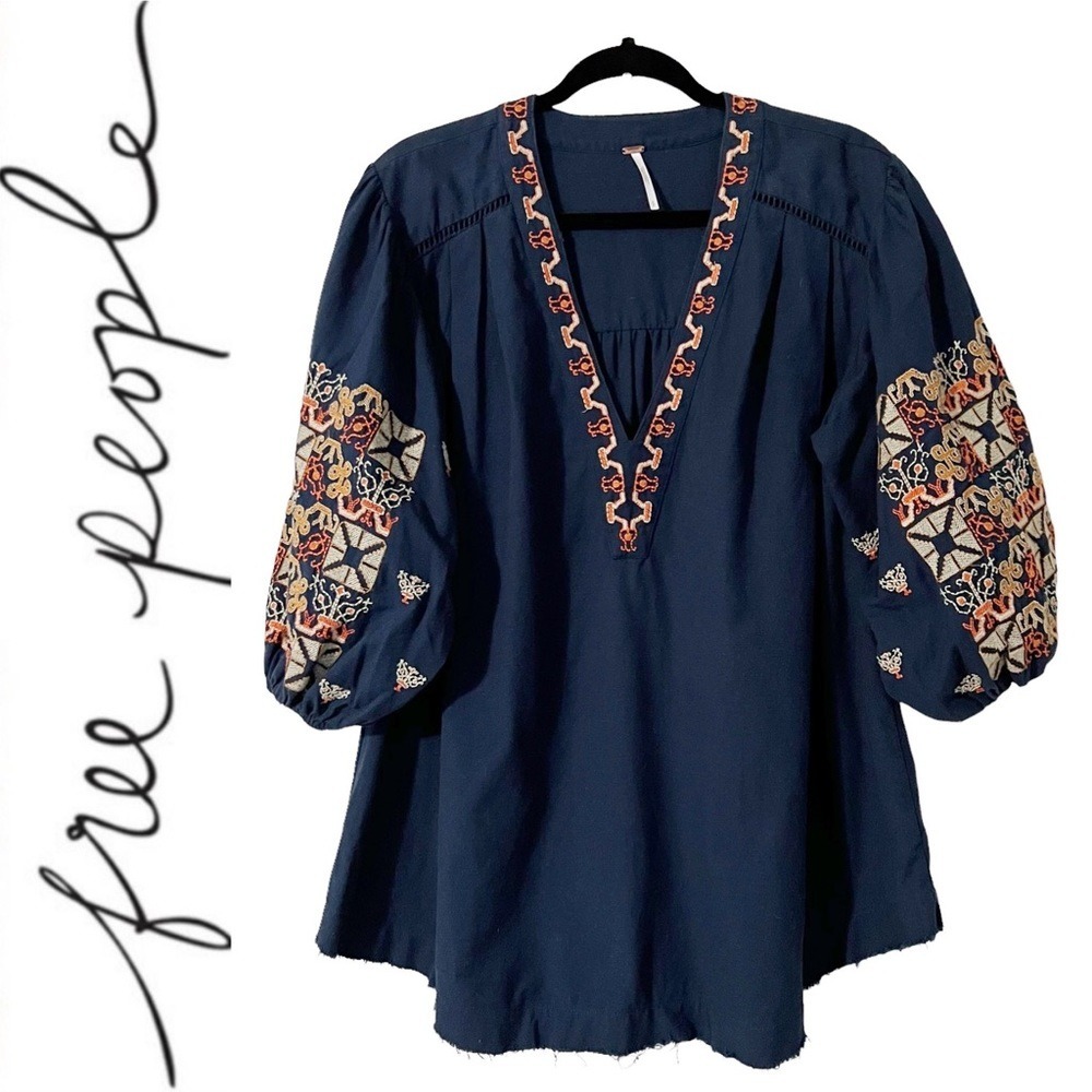 Free People V-Neck Embroidered Puff Sleeves Navy Blue Blouse
